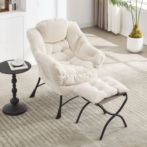 Poltrona relax 69.9x64x95 cm bianca in acciaio con pouf, tasca laterale e schienale ergonomico (1/5)