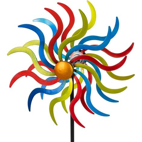 Mulino a vento da giardino in metallo, onde colorate, con cuscinetto a sfera, diametro: 30/123 cm, con robusto paletto da giardino, decorazione da giardino resistente alle intemperie, per (1/5)