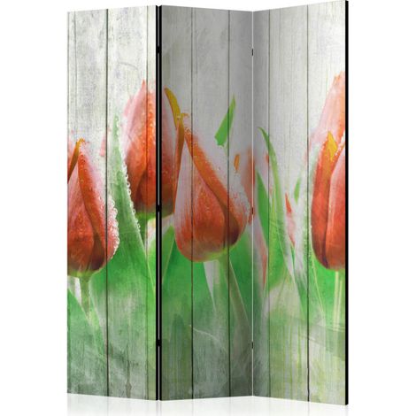 Paravent 3 Volets "Red Tulips on Wood" 135x172cm (1/2)
