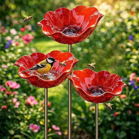 Lot de 3 Bain pour oiseaux décoratif en Alliage résistant aux intempéries – Dimensions 15 × 15 × 60 cm – Pour oiseaux décoratif, Piquets & Jardin cour terrasse – Best For Birds, Rouge (1/5)