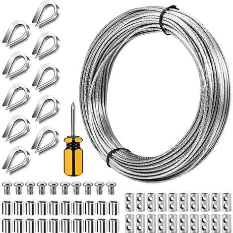 Câble métallique 3 mm, 30 m de câble en acier gainé avec 10 gaines en acier et 20 manchons à sertir pour la maison et le jardin, kit de fil de clôture pour treillis, suspension lumineuse, clôture (1/5)