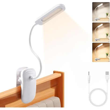 Lampe de Bureau Pince, Lampe de Lecture LED Rechargeable, 360° Flexible, 3 Couleur et Intensité Réglables pour Étude et Travail, Luminosité Protection des Yeux, Blanc (1/5)