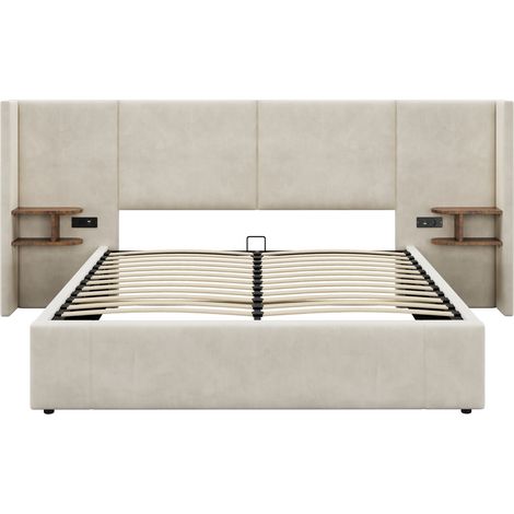 Letto contenitore 160 x 200 cm in velluto beige con USB, prese e 2 comodini (1/5)