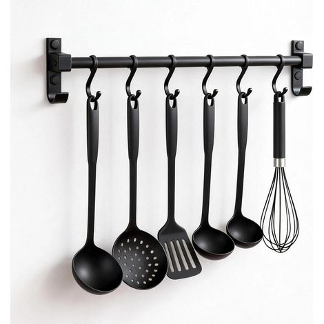 Barre de Ustensiles Suspension 40 cm, Porte-Ustensiles Mural avec 6 Crochets Amovibles, Aluminium Support Mural Cuisine, Noir Patère de Cuisine, pour Planches à Découper, Cuillères, Ciseaux (1/5)
