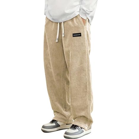 Pantalon décontracté en velours côtelé pour homme, coupe ample, jambe large, pantalon de survêtement droit, taille élastique, cordon de serrage (1/5)
