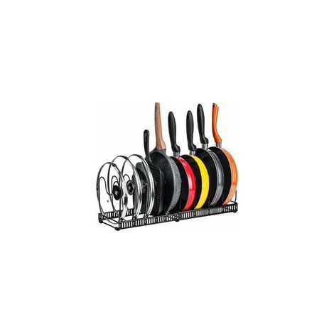 Portecasseroles Support en Acier Inoxydable rangement cuisine avec 10 Compartiments Réglables Parfaite pour Les Ustensiles de Cuisines Poêles, Casseroles, Couvercles (Noir)