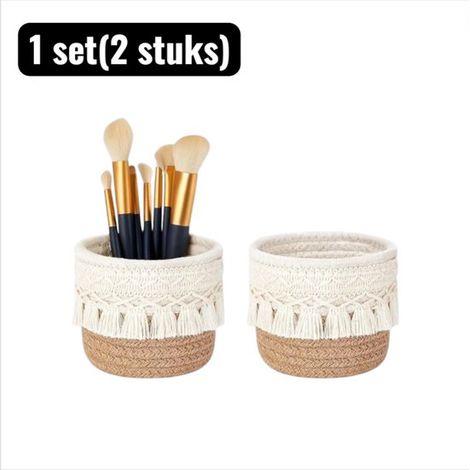 Ensemble de 2 paniers de rangement ronds et porte-stylos en osier blanc cassé à pompons (1/5)
