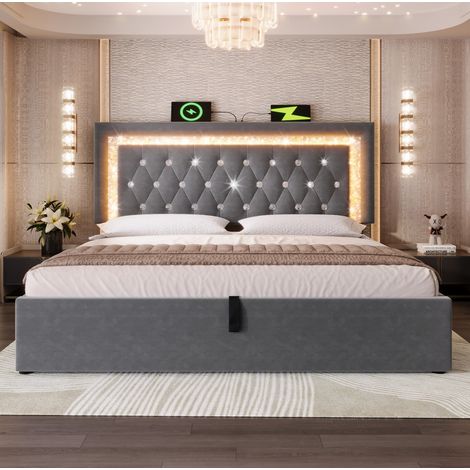 DESVIAE Lit double rembourré 160 x 200 cm avec LED tête de lit réglable ports USB et USB C coffre hydraulique sommier à lattes velours gris (1/5)