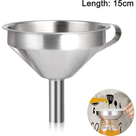 2 entonnoirs en acier inoxydable, grand et petit format, 15 cm et 11 cm, pour transfert d'huiles, liquides, poudres et ingrédients secs (1/5)