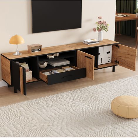 Mueble TV 180 x 32,5 x 50 cm con 3 puertas, 1 cajón y 5 patas, negro y efecto madera DESVIAE (1/5)