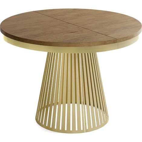 Esstisch Rund Ausziehbar mit Lamellen im Loft-Stil – 120 cm – Industrieller Tisch mit Metallbeinen in Gold, Platzsparend für Wohnzimmer – Eiche Braun Rustikal