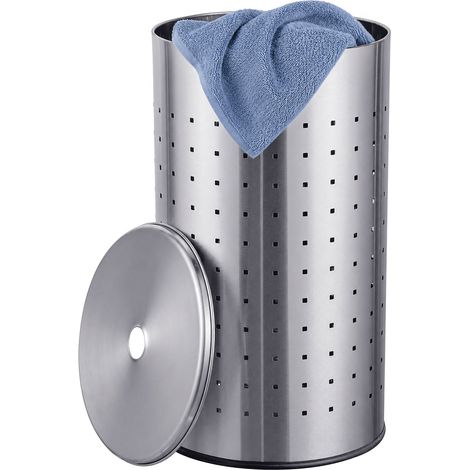 Relaxdays, cesto portabiancheria con coperchio, acciaio inox, 42 l, A x P: 55 x 31 cm, forato, argento (1/5)
