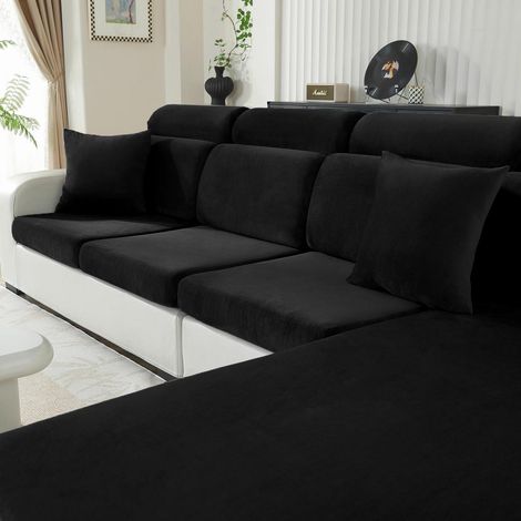 Samt Sitzkissenbezug für Sofa, rutschfest & elastisch, 3-Sitzer, Schwarz (1/5)