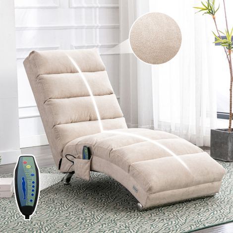 Chaise longue de massage beige 55x148x84 cm, fauteuil relax fixe avec vibration douce, dossier 140°, poche latérale, salon bureau chambre (1/5)