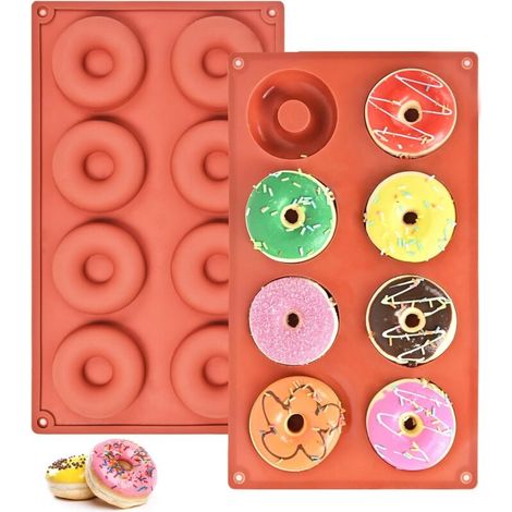 Set of 2 Non-Stick Silicone Donut Molds - 8 Reusable Cavities for Cakes, Cookies, Bagels, Muffins - Oven Safe, Easy to Unmold and Clean