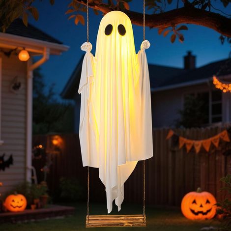 100CM Halloween DekoGeist Hängend mit Lichterkette, Geister Dekoration (1/5)