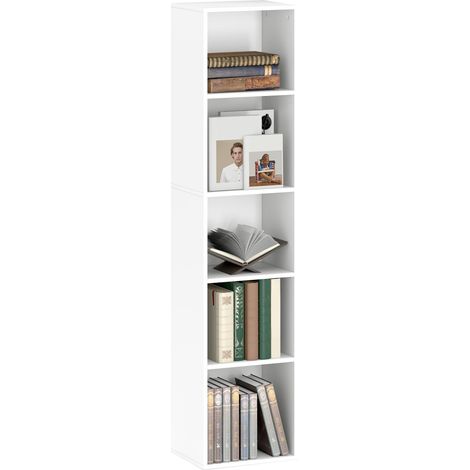 Bibliothèque, 5 compartiments, étagères réglables, bois, 30 x 24 x 133,5 cm, blanche pour rangement de livres, documents et objets décoratifs idéal pour salon, chambre à coucher ou bureau (1/5)