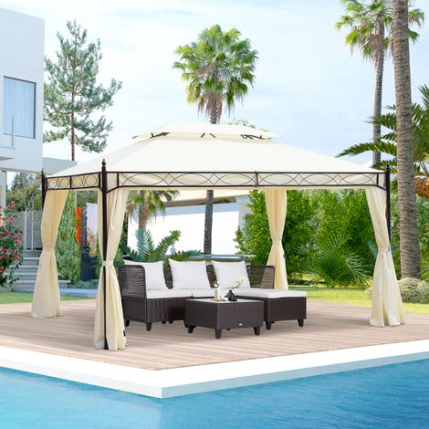Abri de jardin 3x4m en acier avec double toit et 4 rideaux latéraux, crème (1/5)