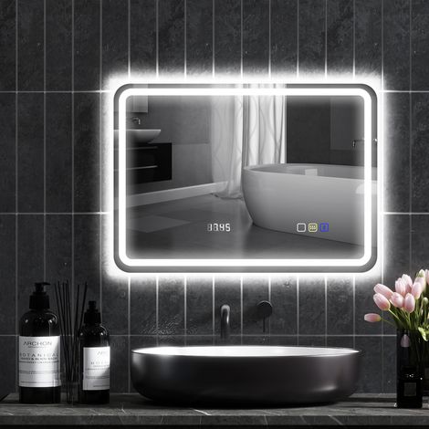 Miroir LED Bluetooth 50x70 cm argenté, éclairage mural, horloge, anti-buée, fonctionnel et connecté (1/5)
