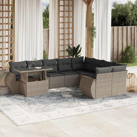 Set sofás jardín 10 pzas con cojines ratán sintético gris claro vidaXL (1/5)