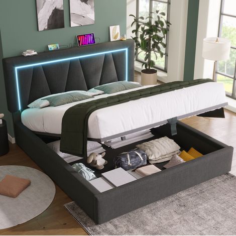 Okwish Lit Coffre LED 160x200 cm, avec USB Type C, lin, gris (Avec matelas) (1/5)