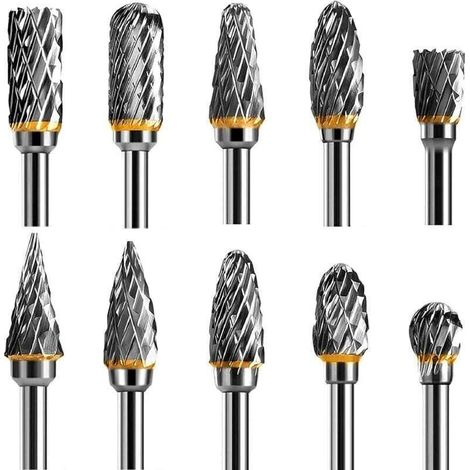 Set di frese rotative a doppio tagliente in acciaio al carburo di tungsteno per utensili rotanti, 10 pezzi, gambo da 1/8" per fai da te, intaglio del legno, lucidatura dei metalli, incisione -Crezuo