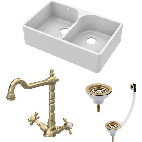 Fireclay Kitchen Bundle - 795mm Double Bowl Stepped Weir Butler Sink with Wastes & French Tap - Brushed Brass (1/5)