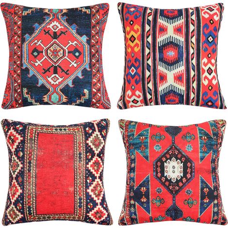 Juego de 4 fundas decorativas de lino rojo para cojines de sofá, fundas de almohada para cojines cuadrados, estampado turco, 45 x 45 cm (1/5)