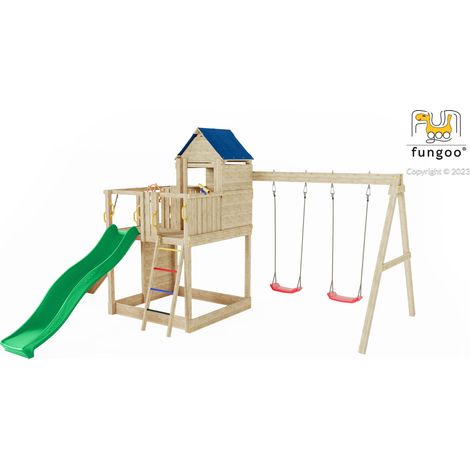 FUNGOO Aire de jeux TREEHOUSE avec grande plateforme, rampe d'accés avec corde, mur d'escalade, cabane, toiture, toboggan vert & accessoires de jeux et balançoire 2 sièges - Kit sécurité ancrage (1/10)