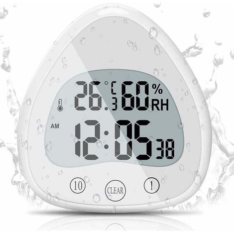 ZVD Horloge de Salle de Bain, LCD Alarme Numérique avec Horloge de Douche Tactile étanche, Minuteries étanche Thermomètre Horloge d'affichage Portable avec Ventouse pour Cuisiner, Apprendre, (1/4)