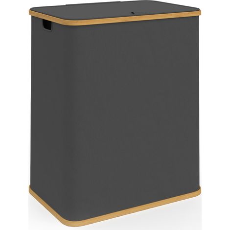 Cesto para ropa sucia de 140 L con 2 cubos extraíbles RITA en tejido gris antracita y bambú (1/5)