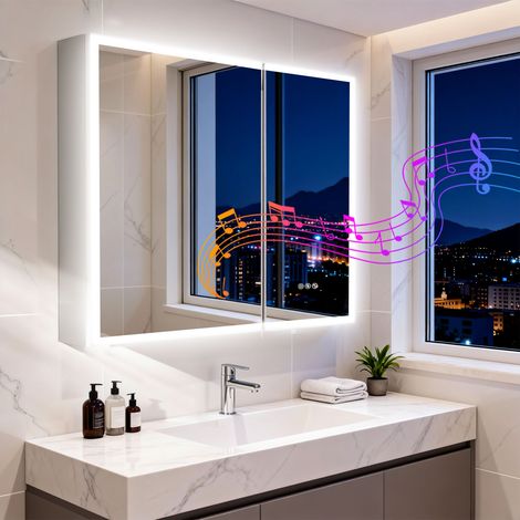Smart Bluetooth Music Aluminum Bathroom Medicine Cabinet Mold-proof Wall Cabinet, Dual Doors (1/5)