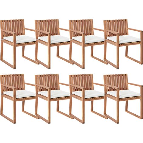 Conjunto de 8 sillas de jardín rústico con cojines madera de acacia certificada lino sintético marrón claro y blanco crema Sassari II