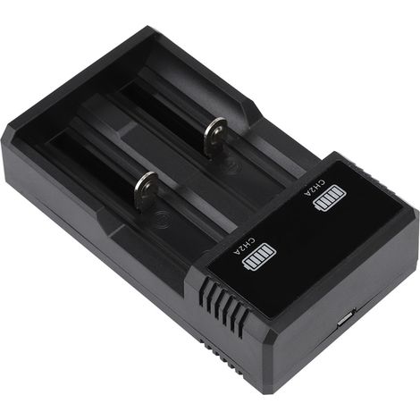 CH2A universelles Dual-Slot-Ladegerät für 26650-, 18650-, 18500- und 18350-Akkus mit USB-Anschluss. (1/5)