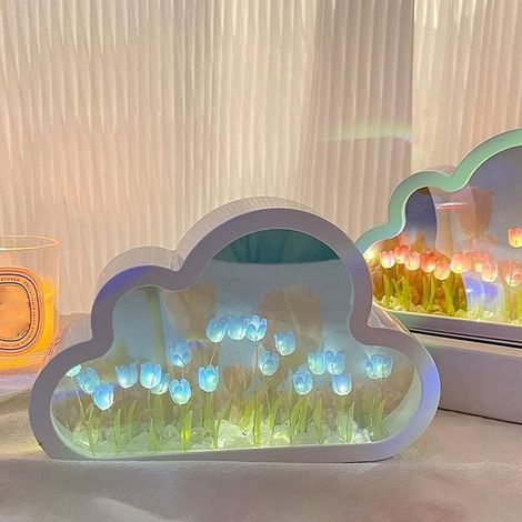Lampe Veilleuse Tulipe - Miroir Intégré - DIY Kit avec Base et Fleurs en Plastique - 20 x 13 cm - Pour Chambre Bureau ou Décoration Murale - 1 Pièce (1/5)