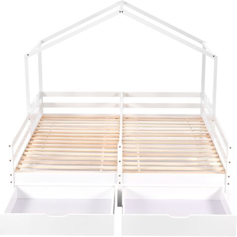 Lit cabane, lit double, lit enfant, lit à barreaux avec 2 tiroirs en MDF, tiroirs sur roulettes, sommier à lattes en pin, blanc (200x90cm) (1/5)