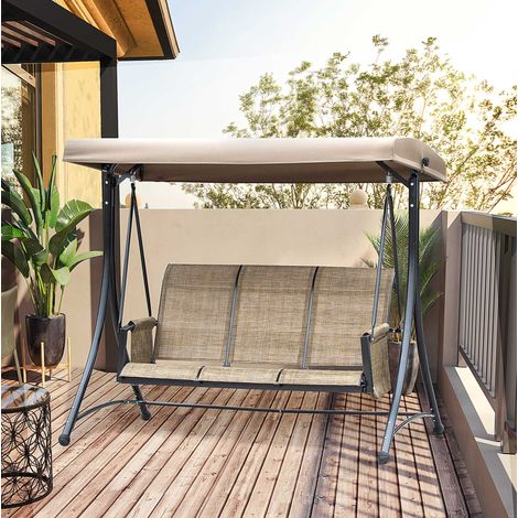 Hollywoodschaukel 3-Sitzer aus Metall, Aluminium und Polyester in Braun mit verstellbarem Sonnendach, 196 x 128 x 172 cm (1/5)