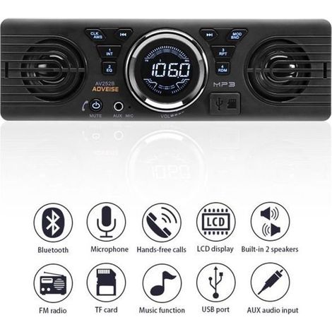 Autoradio Bluetooth Audio stéréo de voiture Lecteur MP3 Radio Haut-parleurs intégrés Support USB / TF / AUX / FM Récepteur DC 12V (1/4)