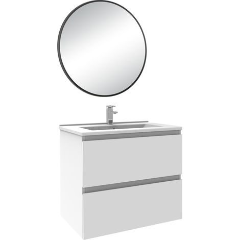 610mm Bathroom Cabinet Set White Vanity Unit with Basin 2 Drawers + Black Framed Round Mirror (1/5)