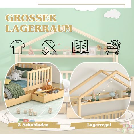 Lit cabane enfant en pin massif 90x200, lit bois avec tiroirs et sommier à lattes, couleur naturelle, chambre ado et enfant, meuble rangement intégré (1/5)