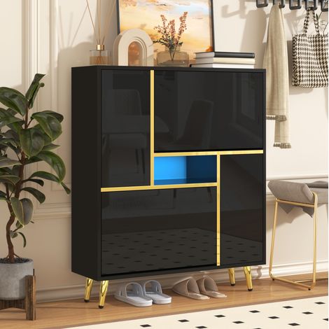 Schuhschrank aus Spanplatte schwarz 80 x 25 x 96 cm, 2 Türen, verstellbare Einlegeböden, Hochglanzfront mit 16-Farben-LED (1/5)