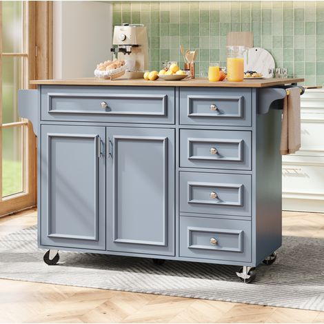 Îlot de cuisine 110x45x92 cm bleu bébé en MDF avec plateau rabattable et rangement (1/5)