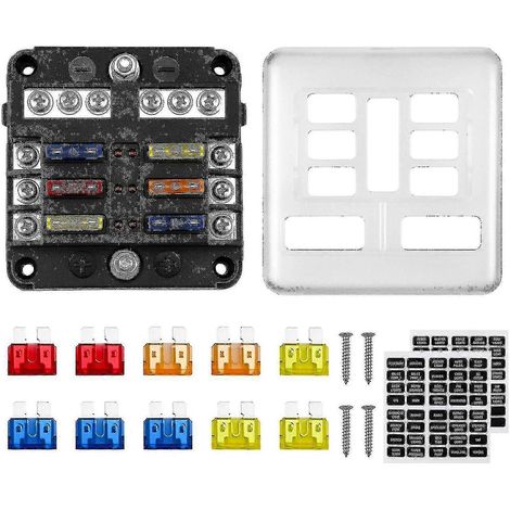 Boîte à fusibles 6 voies 12 V, porte-fusibles 32 V 100 A avec 10 fusibles, 6 indicateurs LED, couvercle de protection et 2 autocollants inclus pour voiture, bateau, camping-car (1/5)