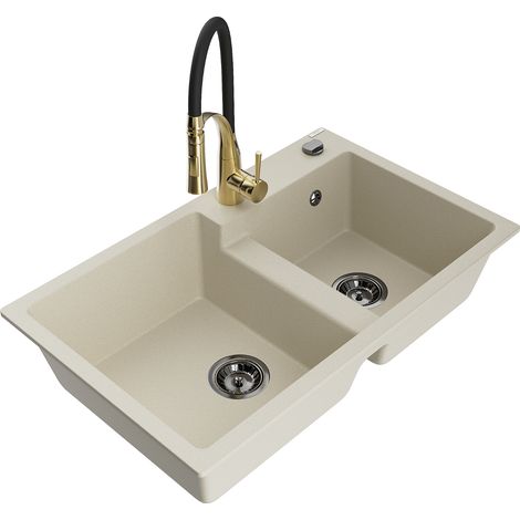 Mexen Tomas granitspüle mit 2 Becken und Küchenarmatur Aster, beige - 6516-69-73450-57-B (1/5)