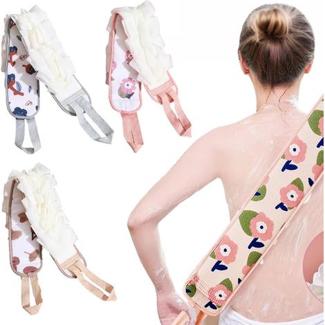 Lot de 3 : serviette de bain longue avec poignée, gant exfoliant double face + éponge à récurer, luffa de bain et fleur de bain 2 en 1. (1/5)