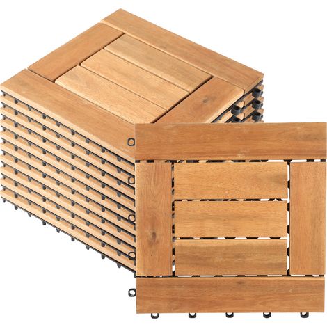 TolleTour 11 Stück Holzfliesen Mosaik-Latten 1 qm, 30x30cm Terrassenfliesen Klickfliesen Balkonfliesen mit Drainagensystem, Wetterfest aus Akazienholz