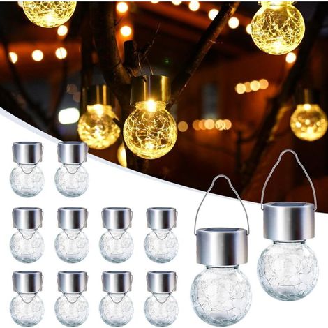 Lot de 12 lampes solaires étanches à suspendre, décorations de jardin, cadeaux pour femme, maman, grand-mère, lanternes en verre craquelé (1/5)