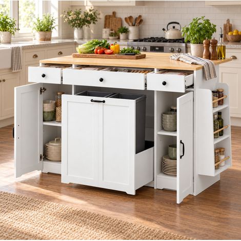 MODFU – Aparador de almacenamiento 136x65x90 cm de MDF con 3 cajones, estantes, tablero color madera y carga 40 kg – Blanco/madera (1/5)