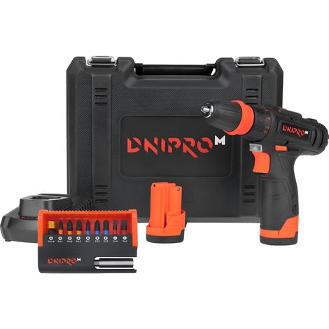 Dnipro-M Taladro Atornillador 12V 25Nm, 2x Baterías 2Ah, 10 Puntas Incluidas, 2 Velocidades, Portabrocas Rápido, Ligero 1,05kg, Maletín y Cargador (1/5)