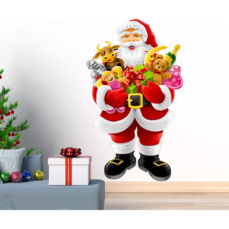 Sticker Noël le Père Noël apporte les cadeaux - Autocollants stickers adhésifs noël - décoration fêtes - 30x15cm (1/4)
